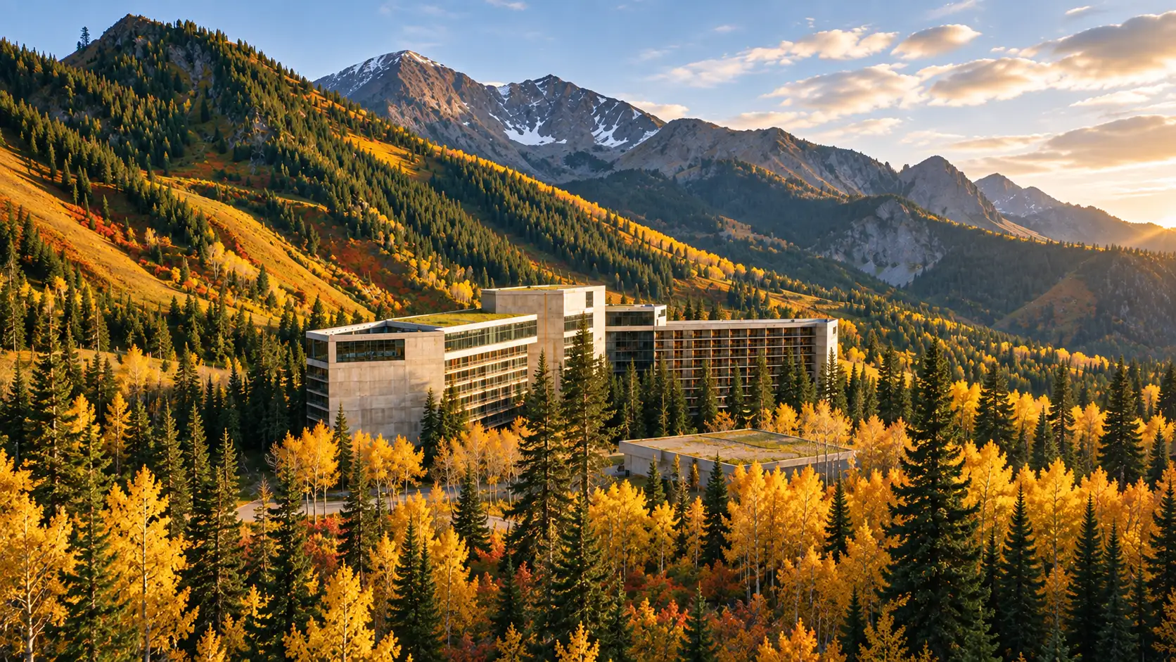 The Cliff Lodge at Snowbird in autumn, below the fall colors of Little Cottonwood Canyon